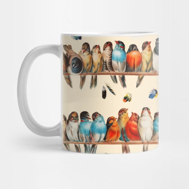 A PERCH OF COLORFUL BIRDS AND  FLYING FEATHERS PATTERN by BulganLumini